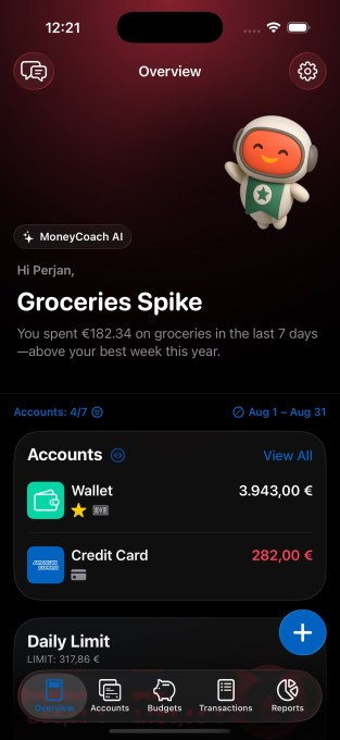 01-foundation-models-insights A screenshot of financial tracking app MoneyCoach where the screen shows summary of accounts and shows a weekly insight on grocery spend for the week.