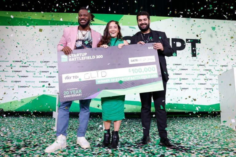 Kevin A. Damoa, Founder & CEO, Glīd, Claire Kroft and Ankit Malhotra, winners of the Startup Battlefield 2025, pose onstage during day three of TechCrunch Disrupt 2025 at Moscone Center on October 29, 2025 in San Francisco, California.