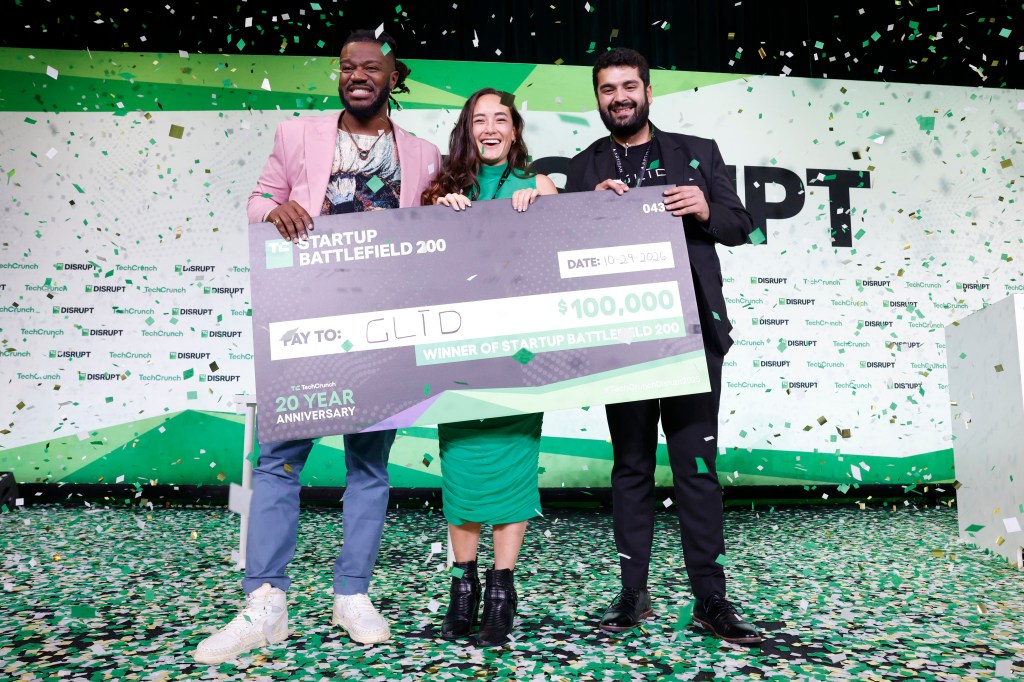 Kevin A. Damoa, Founder & CEO, Glīd, Claire Kroft and Ankit Malhotra, winners of the Startup Battlefield 2025, pose onstage during day three of TechCrunch Disrupt 2025 at Moscone Center on October 29, 2025 in San Francisco, California.