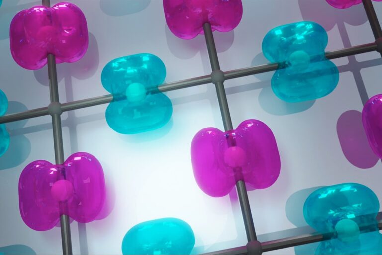 An illustration of the atomic structure of altermagnets. Neighboring atoms are rotated and their magnetic spins are flipped.