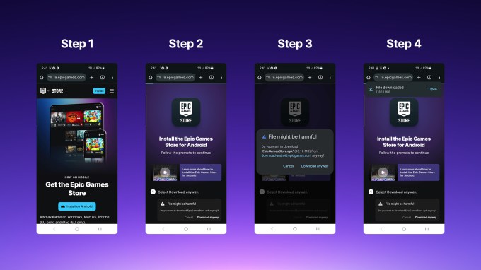 android-install-flow_01 An images with multiple screenshots showing the beginning of the process of installing a third-party app store on Android.
