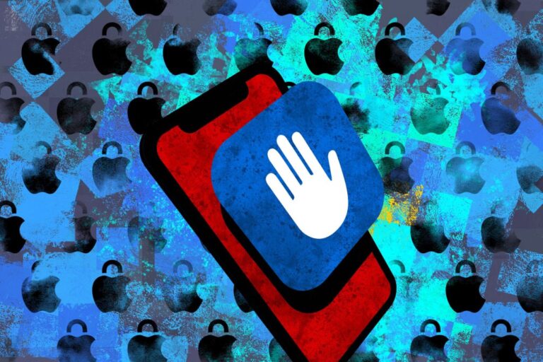 An illustration of a blue Lockdown Mode icon on a red phone on a blue background featuring Apple logos with padlocks.