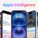 array of iPhones with Apple Intelligence logos above