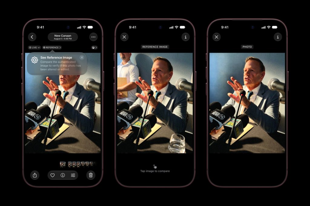 Three iPhones showing images verified by Apple Reference Image.