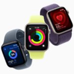 An image of three Apple Watch SE 3 models side by side showcasing different features: heart rate, sleep score, and fitness rings