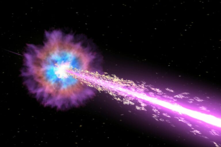 An artist's impression of GRB 221009A, which astronomers believe came from the birth of a new black hole formed within the heart of a collapsing star.