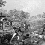 "Mounted Police and Blacks", an 1852 lithograph by W. L. Walton, depicting the killing of Aboriginal warriors at Slaughterhouse Creek by colonial police troopers.