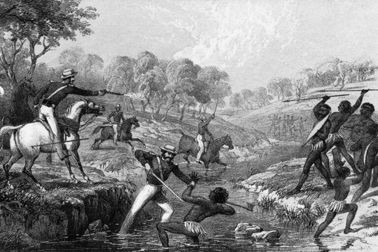 "Mounted Police and Blacks", an 1852 lithograph by W. L. Walton, depicting the killing of Aboriginal warriors at Slaughterhouse Creek by colonial police troopers.