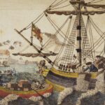 A historical engraving depicting the 1773 Boston Tea Party.