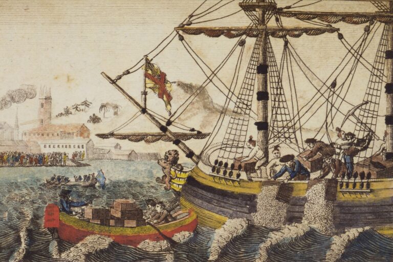 A historical engraving depicting the 1773 Boston Tea Party.