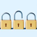 Conceptual stock image depicting a linear row of identical padlocks, all securely locked except for one that is open.