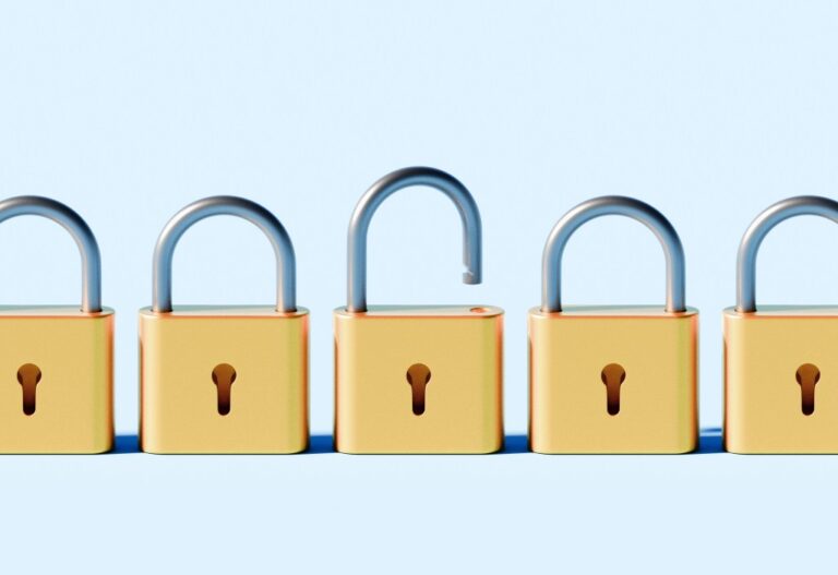 Conceptual stock image depicting a linear row of identical padlocks, all securely locked except for one that is open.
