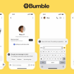 Bumble messages shown on multiple smartphone screens