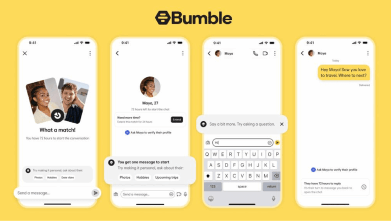 Bumble messages shown on multiple smartphone screens