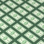 An illustration of patterned 100 dollar bills on a green background
