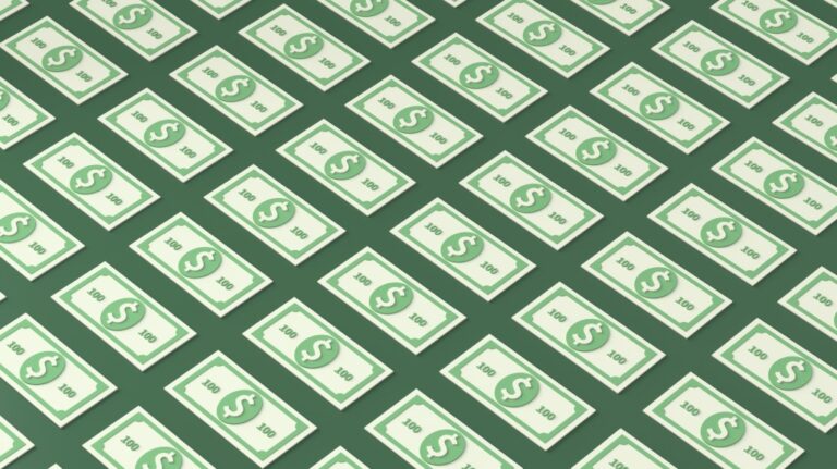 An illustration of patterned 100 dollar bills on a green background