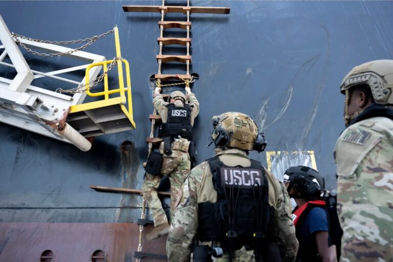 U.S. Coast Guard troops scaling ladder