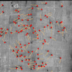 Taken from above, this annotated image shows a schoolground in Spain and the motions of teenage participants as indicated by the dots and lines.
