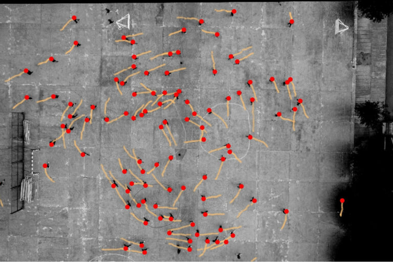 Taken from above, this annotated image shows a schoolground in Spain and the motions of teenage participants as indicated by the dots and lines.