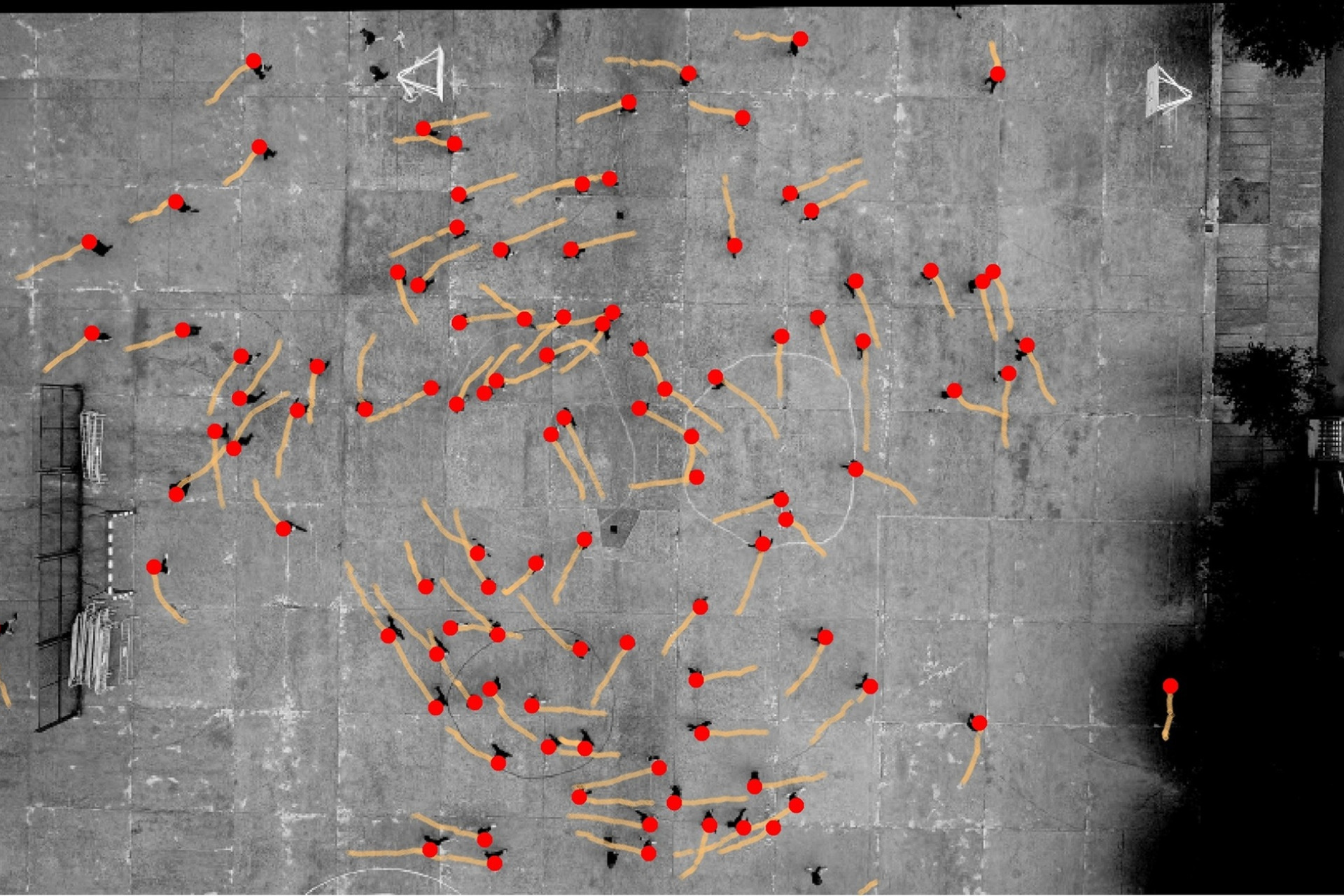 Taken from above, this annotated image shows a schoolground in Spain and the motions of teenage participants as indicated by the dots and lines.