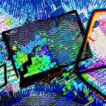 render of a data breach with computer folders over blue, green and purple spilling data squares