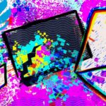 A render of a data breach with computer folders over blue, green and purple spilling data squares.