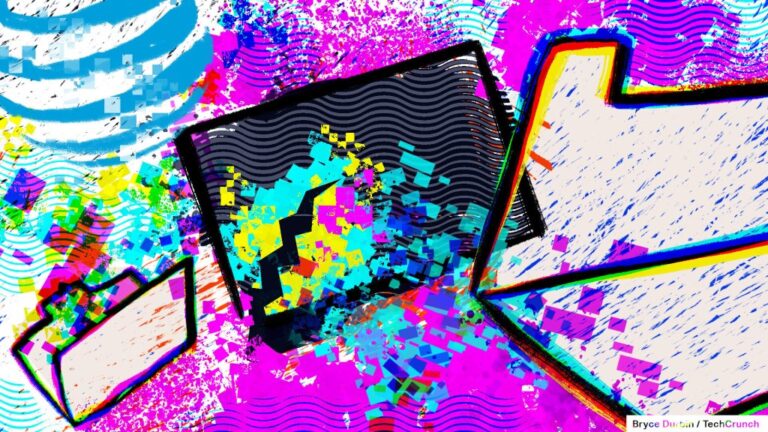 A render of a data breach with computer folders over blue, green and purple spilling data squares.