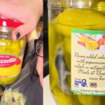 Screenshots from a series of TikTok videos from Sept. 16 appearing to show a dead mouse in a jar of Mezzetta peperoncini peppers.