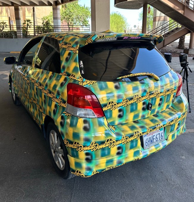 donut-media-car-swearingen a photo of the toyota yaris covered in a pattern made by Bill Swearingen, as part of a test to see if it can defeat surveillance camera detection.