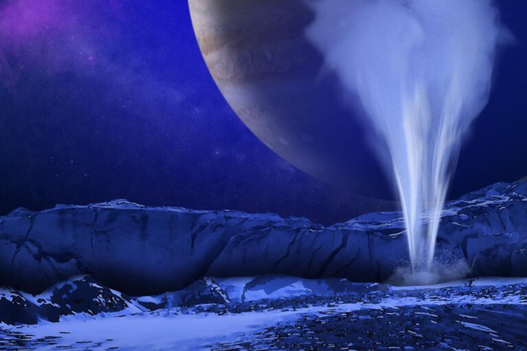 An artist's impression of an erupting plume of water on Europa's surface.
