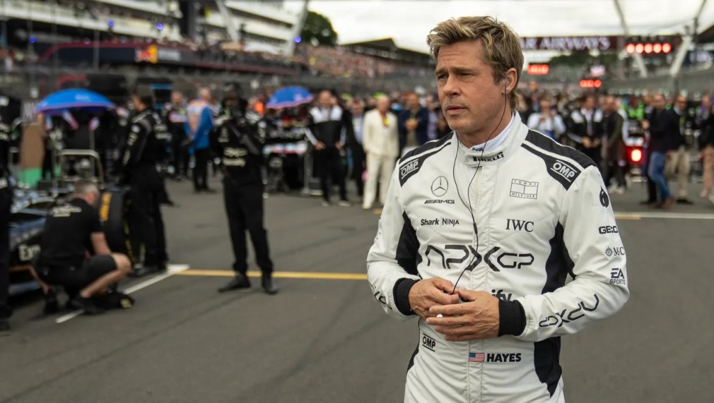 Brad Pitt as F1 driver in pit area