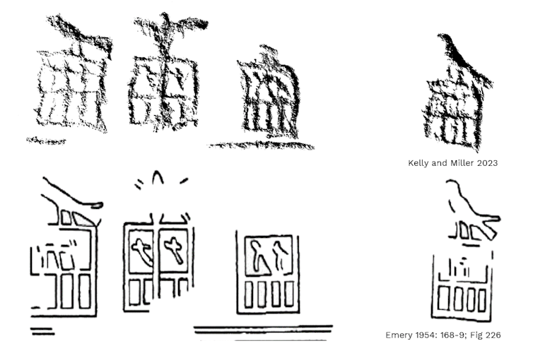 file-20260914-50-nqmyxs A row of four hieroglyphs, the top row isolated from the photo and the bottom row a drawing from 1954.