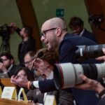 During a press conference organized by the National Council of the Order of Journalists at the Chamber of Deputies, Fanpage director Francesco Cancellato asks the Prime Minister Giorgia Meloni about the wiretapping case involving himself, other journalists and activists.