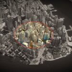 a 3D aerial photo of lower Manhattan, darkened, showing a ring over a radius across the city, showing a geofence warrant.
