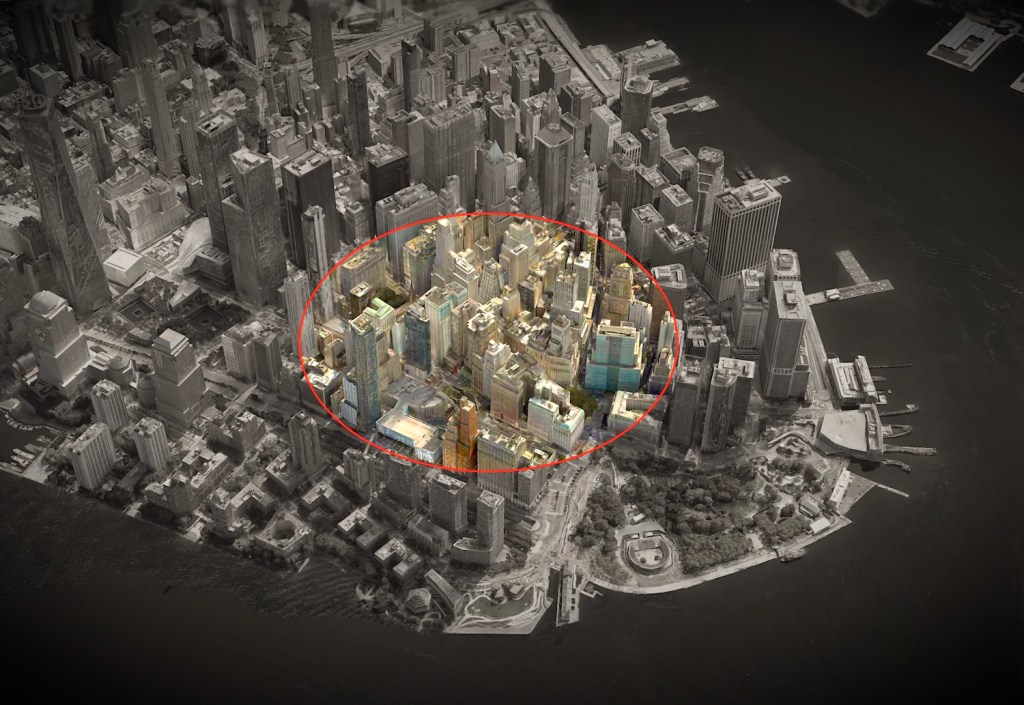 a 3D aerial photo of lower Manhattan, darkened, showing a ring over a radius across the city, showing a geofence warrant.