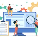 Illustration representing a group of people conducting software QA testing. Shows gears in the background. Several small people with a magnifying glass and a checklist checking a large software interface.