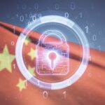 Image of Chinese flag with digital overlay of a lock depicting privacy