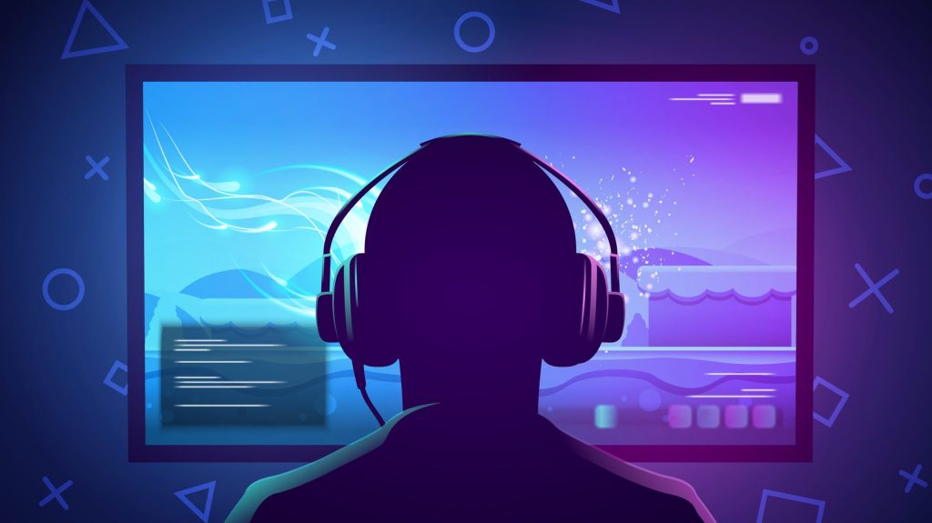 Illustration of a gamer sitting in front of a screen.