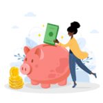 Piggy bank. Happy African woman puts green banknotes in money box. Save money concept. Investments in future. Financial symbol. Banking or business services. Vector illustration in flat cartoon style.