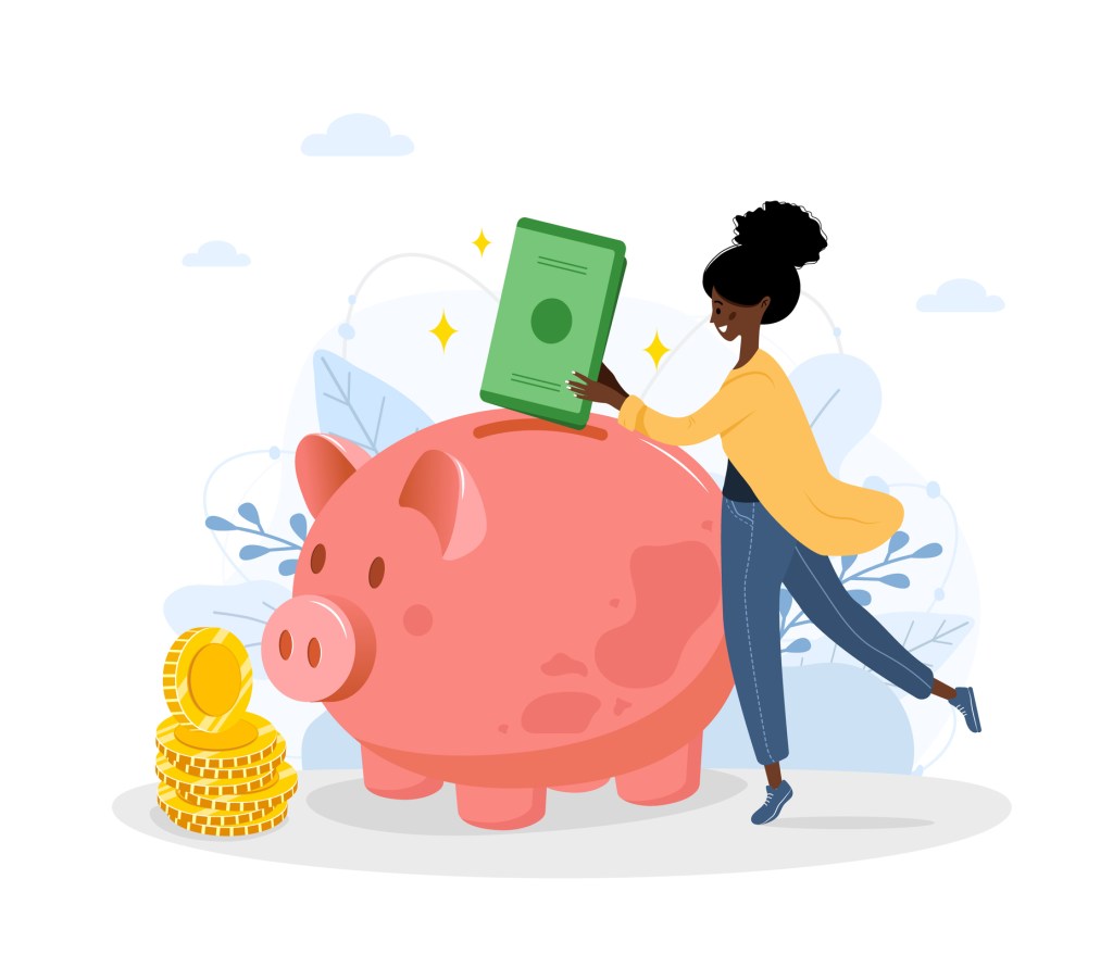 Piggy bank. Happy African woman puts green banknotes in money box. Save money concept. Investments in future. Financial symbol. Banking or business services. Vector illustration in flat cartoon style.