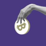 Hand holding a large abstract bitcoin against a purple backdrop, used in a post about Zipmex