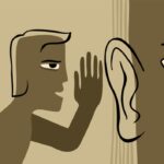 Fake news - abstract drawn person whispers gossip in another persons ear. Vector illustration