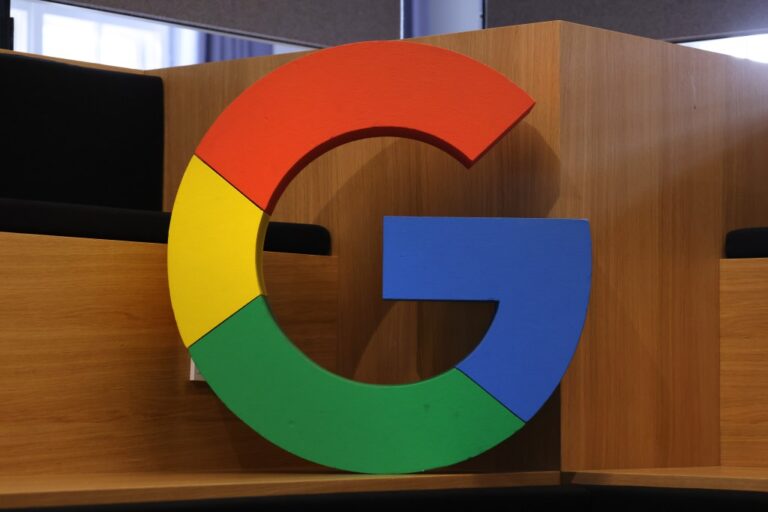 A Google corporate logo stands at the Google Germany offices on August 31, 2021 in Berlin, Germany.