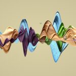 Digital generated image of abstract multicolored curve chart on grey background to represent sound waves.