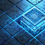 Blue glowing futuristic semiconductor and circuit board.