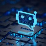 keyboard with chatbot icon hovering above it