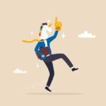 Success unicorn startup company, venture capital funding billion dollar support, growth or winning entrepreneur, challenge concept, happy winning businessman with unicorn mass and winning glove.