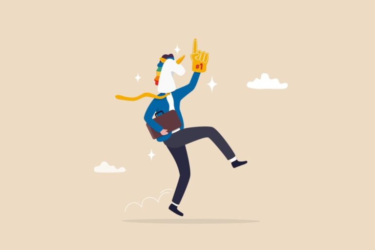Success unicorn startup company, venture capital funding billion dollar support, growth or winning entrepreneur, challenge concept, happy winning businessman with unicorn mass and winning glove.