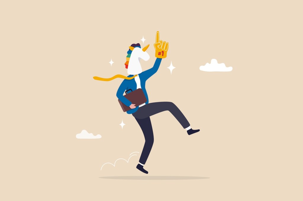 Success unicorn startup company, venture capital funding billion dollar support, growth or winning entrepreneur, challenge concept, happy winning businessman with unicorn mass and winning glove.