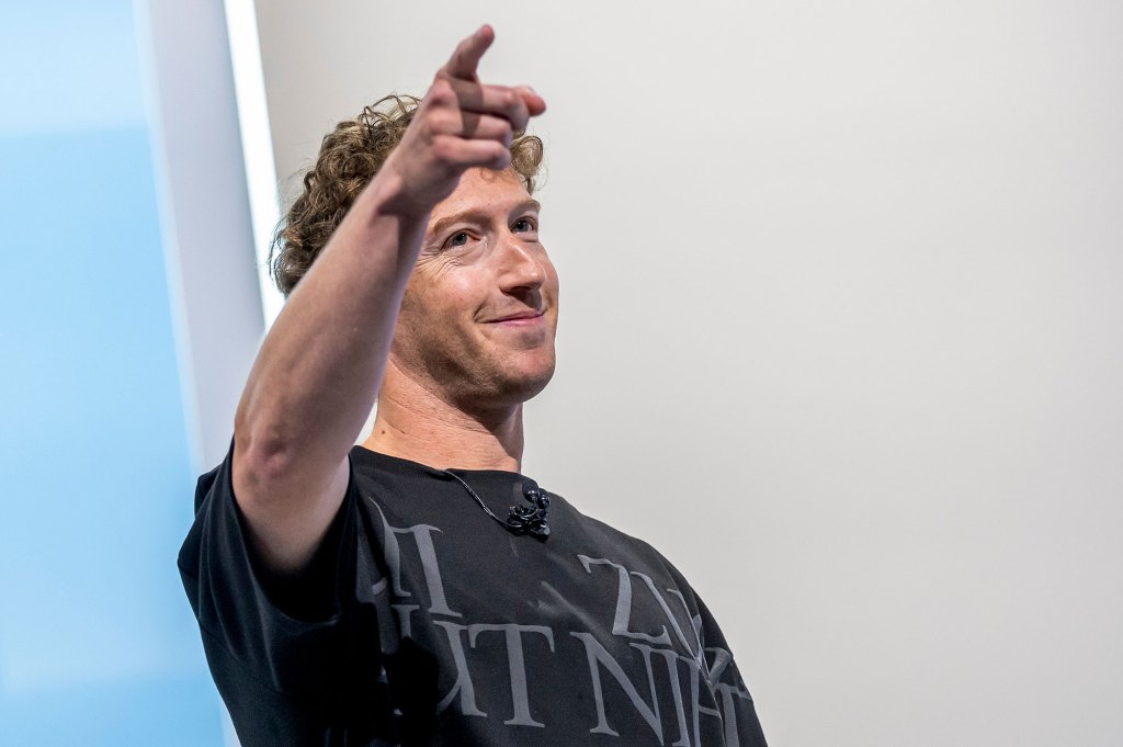 Mark Zuckerberg, chief executive officer of Meta Platforms Inc., during the Meta Connect event in Menlo Park, California, US, on Wednesday, Sept. 25, 2024. Meta Platforms Inc. debuted its first pair of augmented reality glasses, devices that show a combined view of the digital and physical worlds, a key step in Chief Executive Officer Mark Zuckerberg's goal of one day offering a hands-free alternative to the smartphone. Photographer: David Paul Morris/Bloomberg via Getty Images